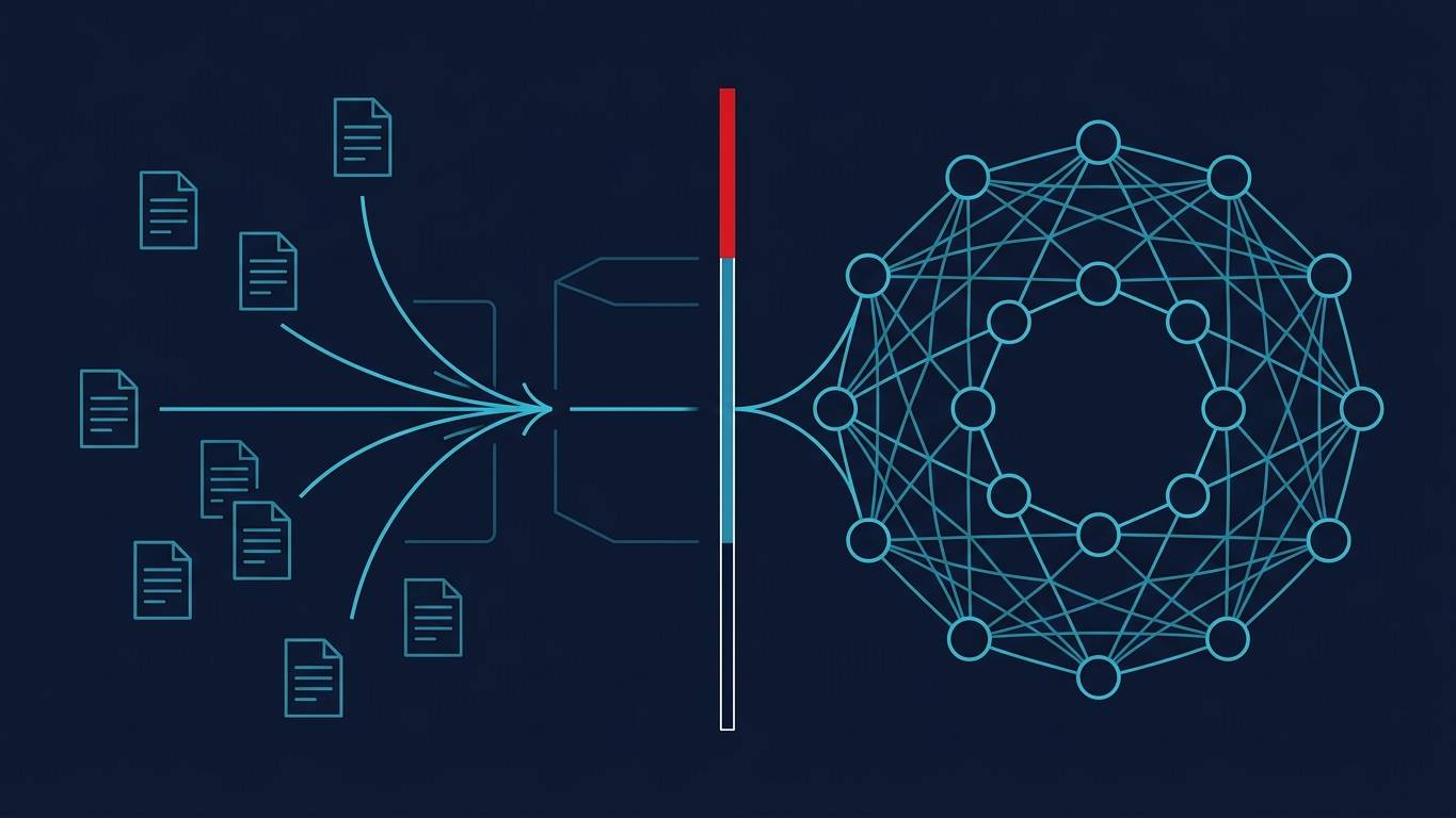 RAG vs Fine-tune Türkçe içerik sahipliği soyut data flow kompozisyonu: sol yarıda RAG metaforu (çoklu küçük belge ikonları + retrieval ok akışı), sağ yarıda fine-tune metaforu (büyük neural network düğüm yoğunluğu), ortada Türk bayrak renkleri vurgu band (kırmızı ince çizgi + beyaz vurgu). Lacivert arka plan + turkuaz mavi data akışı.