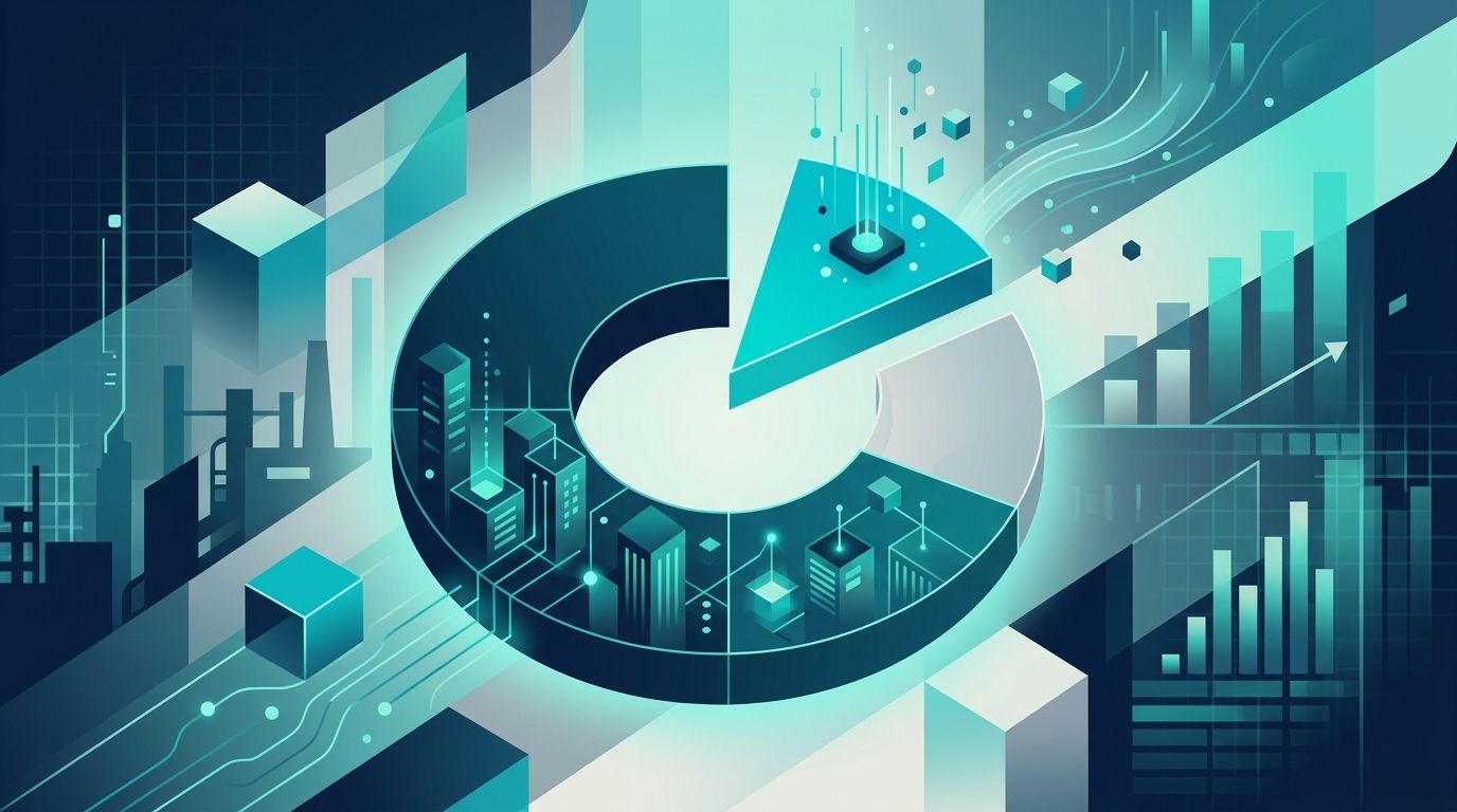 B2B yapı kimyasalları + izolasyon AI görünürlük — stilize bina kesiti + izolasyon levhası + yapı kimyasalı kova + AI cevap balonu turkuaz veri çizgileriyle bağlı, lacivert + turkuaz minimal kurumsal kompozisyon