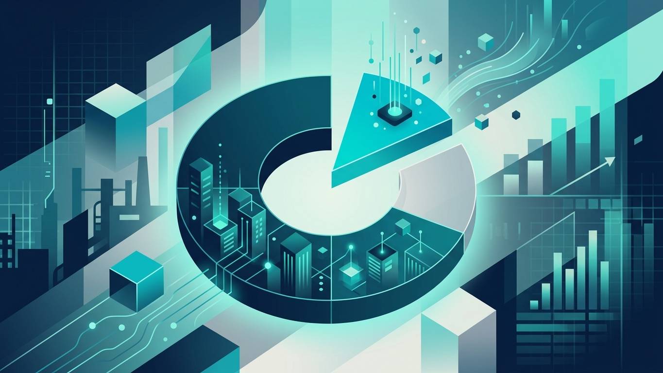 B2B yapı kimyasalları + izolasyon AI görünürlük — stilize bina kesiti + izolasyon levhası + yapı kimyasalı kova + AI cevap balonu turkuaz veri çizgileriyle bağlı, lacivert + turkuaz minimal kurumsal kompozisyon