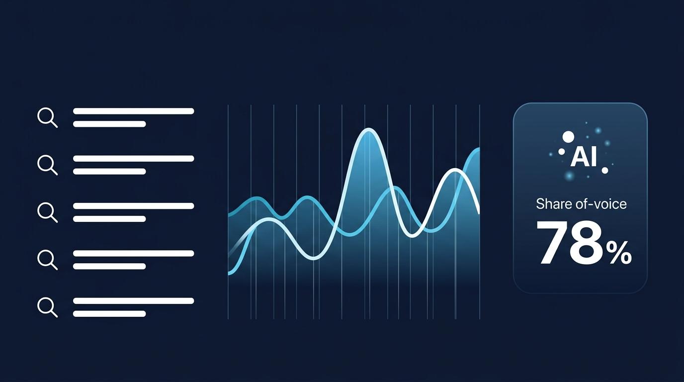 GSC AI overview verisi ekran kompozisyon: sol panel sorgu listesi (5 satır), orta performans grafiği (gösterim+tıklama 2 çizgi), sağ AI overview source badge + share-of-voice yüzde. Lacivert arka plan + turkuaz mavi vurgu.
