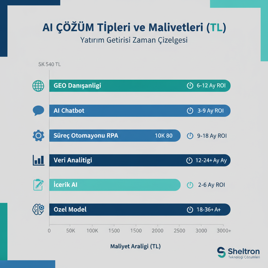 Yapay zeka çözüm türlerine göre maliyet ve ROI karşılaştırma tablosu — GEO, chatbot, otomasyon, veri analitiği