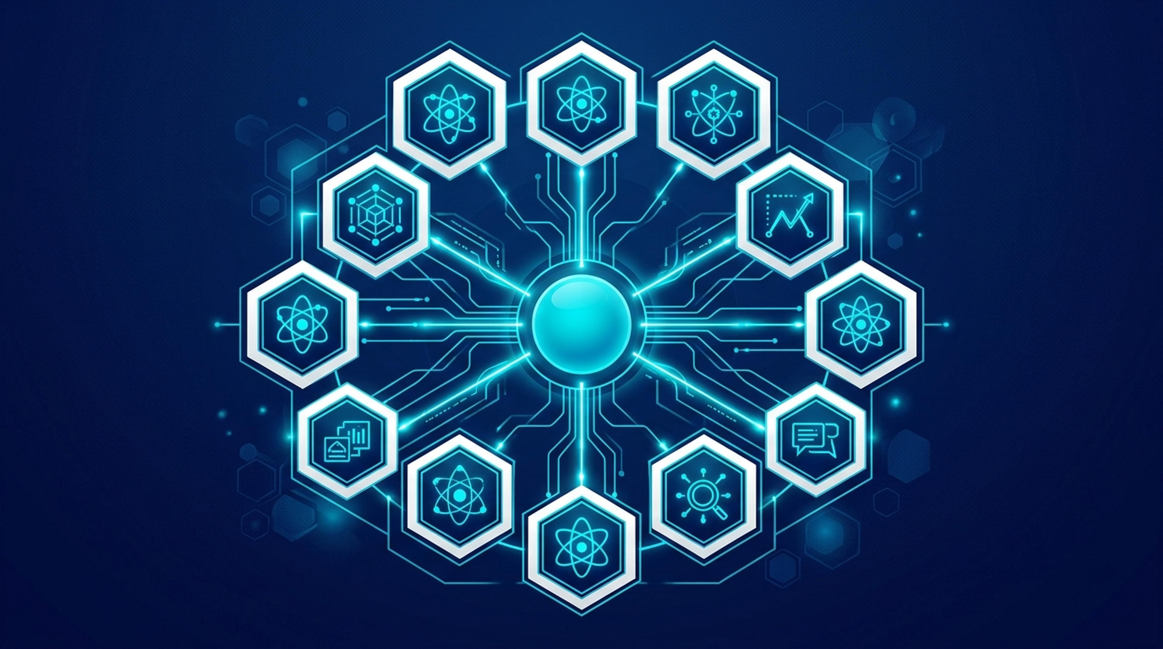 Eğitim Online Kurslar ve MOOC için AI Görünürlük - Course schema 9 alan hexagon grid + merkez node turkuaz veri çizgileri. Lacivert