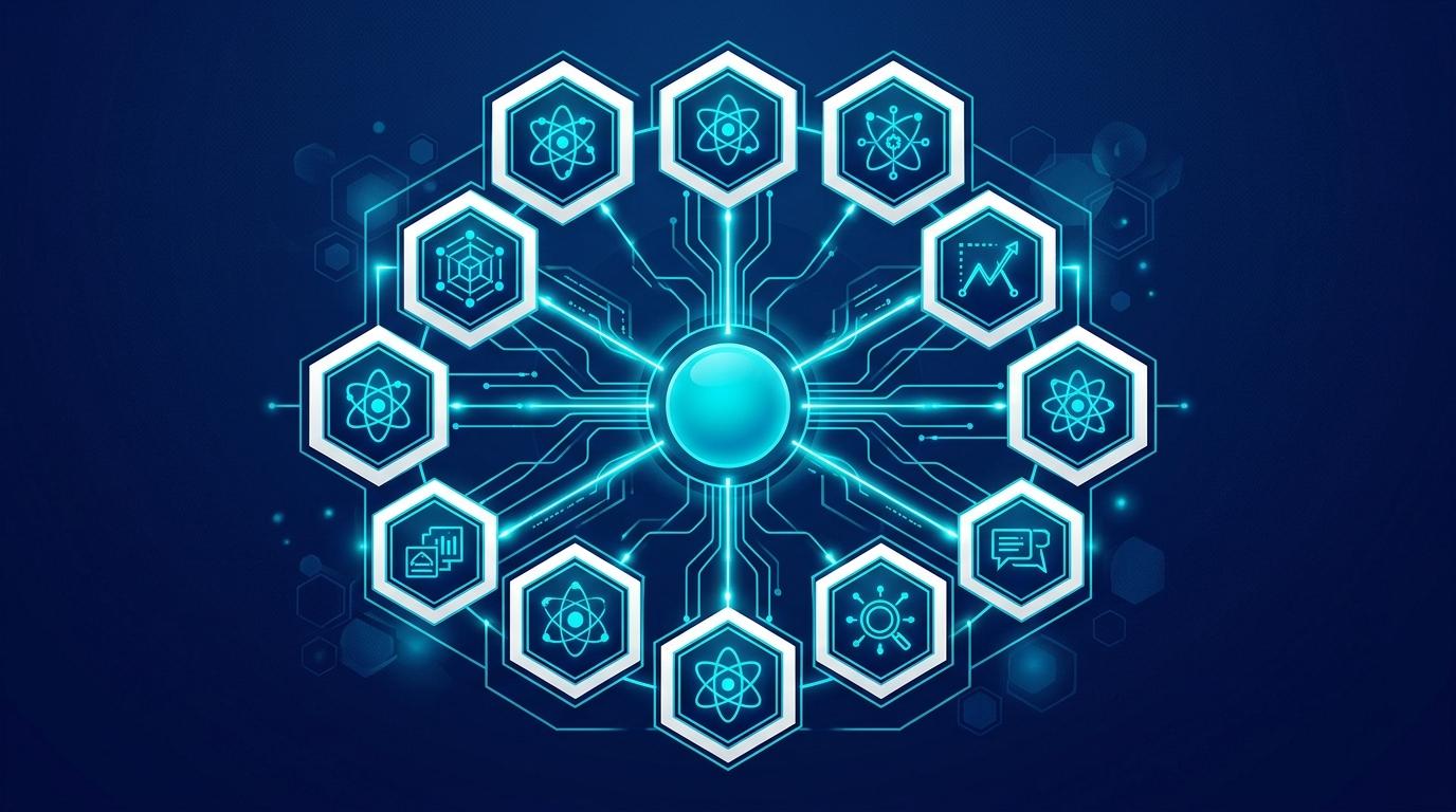 Eğitim Online Kurslar ve MOOC için AI Görünürlük - Course schema 9 alan hexagon grid + merkez node turkuaz veri çizgileri. Lacivert