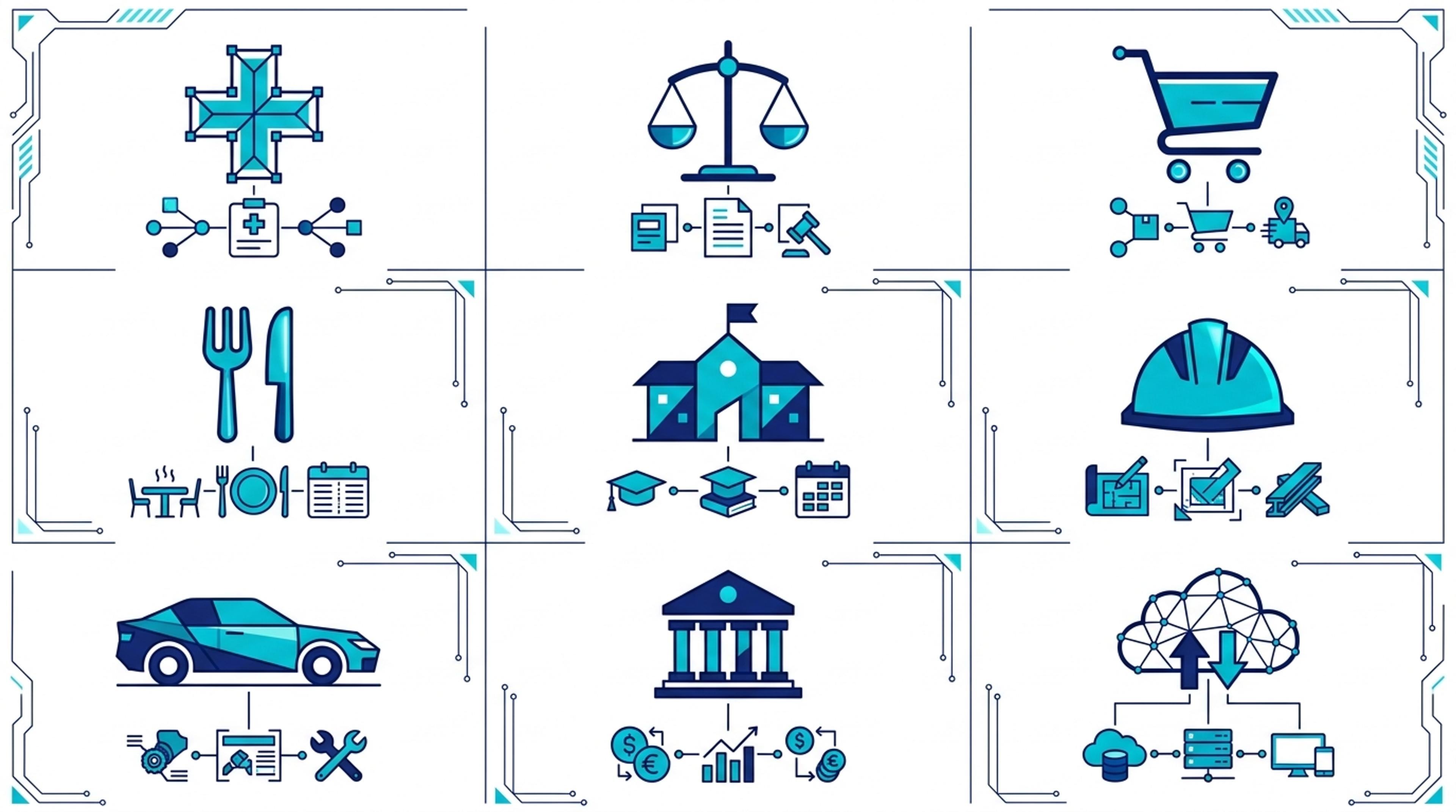 Farklı sektörel schema tiplerini gösteren grid: sağlık, hukuk, e-ticaret, restoran, eğitim, inşaat, otomotiv, mücevher