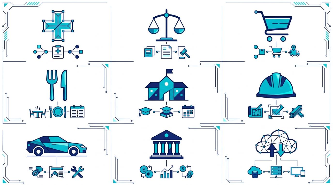 Farklı sektörel schema tiplerini gösteren grid: sağlık, hukuk, e-ticaret, restoran, eğitim, inşaat, otomotiv, mücevher