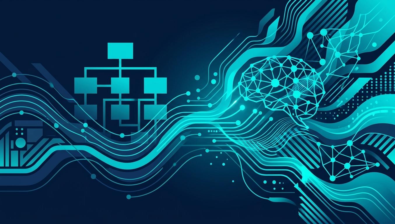 AI sitemap optimizasyon: site haritası ağaç yapısı, AI crawler robotları, priority bar grafikleri turkuaz veri akışıyla bağlı teknik SEO görsel temsili