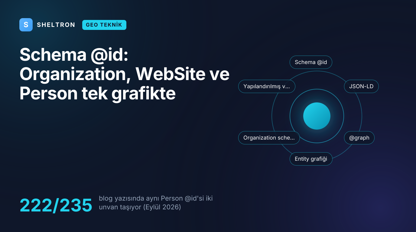 Schema @id ile Organization, WebSite ve Person düğümlerini tek entity grafiğinde bağlama: 235 blog yazısının 222'sinde iki unvanlı yazar bulgusu