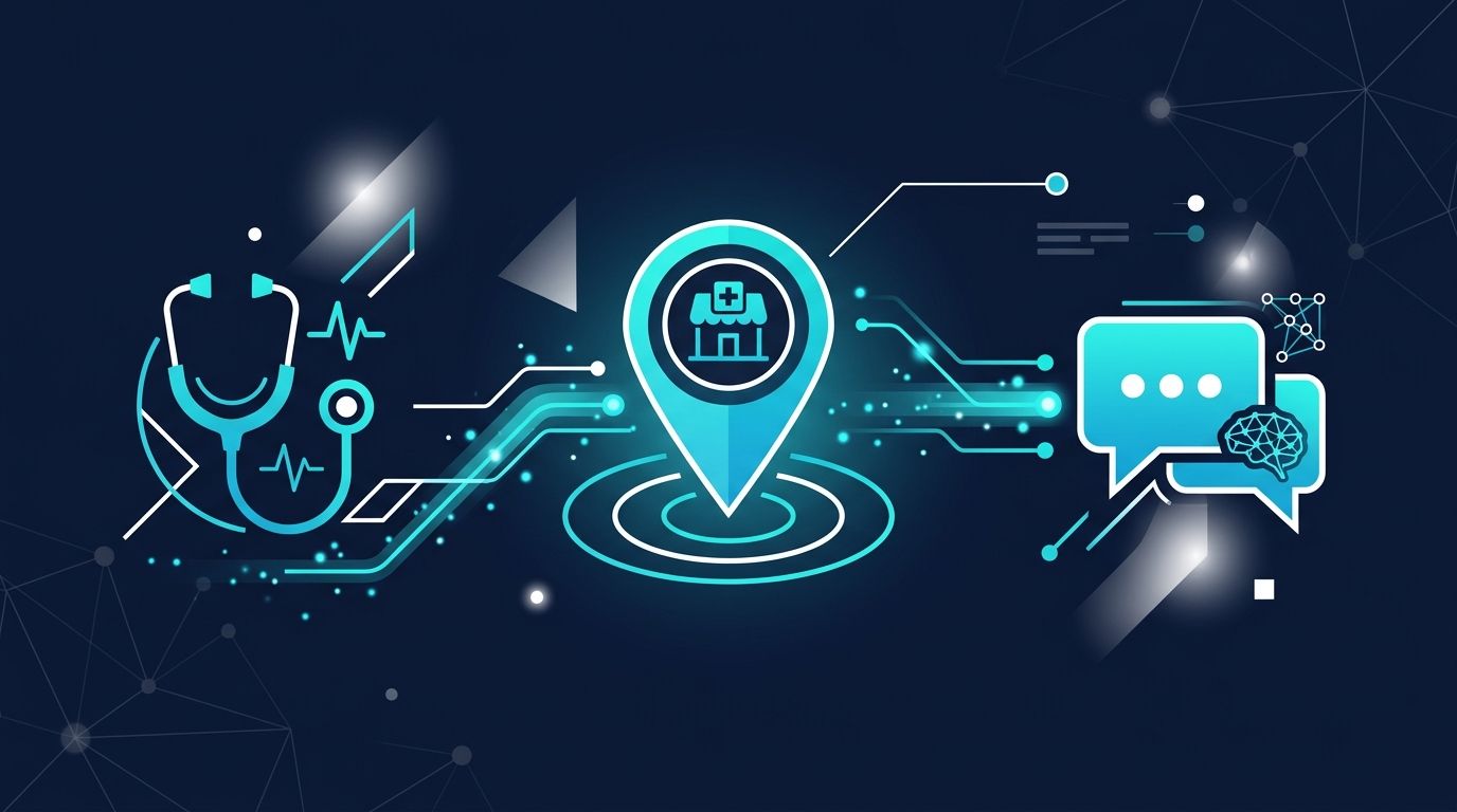 Sağlık Klinikleri Google Business Profile + ChatGPT bağlantısı — soyut hero görseli, stetoskop + GBP harita pin + AI chat balonu turkuaz veri akışıyla bağlı