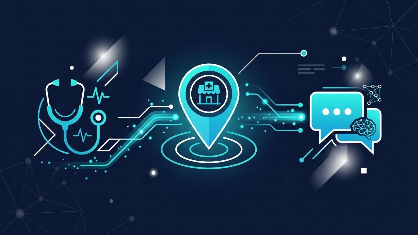 Sağlık Klinikleri Google Business Profile + ChatGPT bağlantısı — soyut hero görseli, stetoskop + GBP harita pin + AI chat balonu turkuaz veri akışıyla bağlı