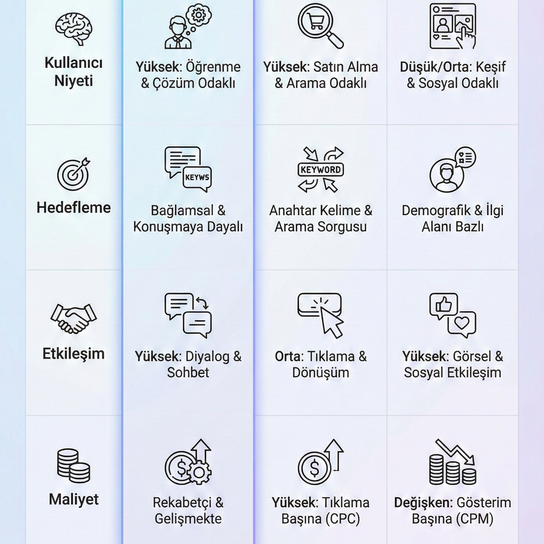 ChatGPT Ads vs Google Ads vs Meta Ads karşılaştırma infografiği — maliyet, hedefleme, etkileşim modeli ve Türkiye erişimi