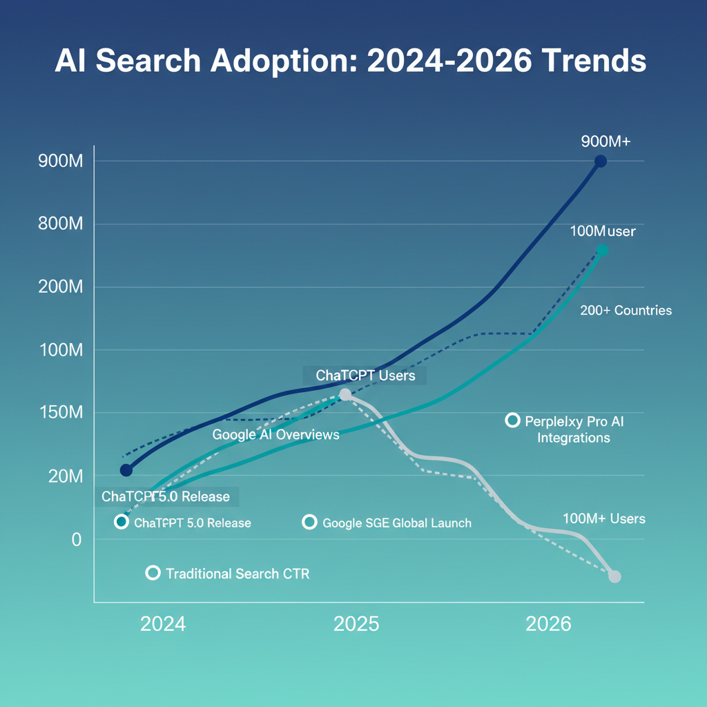 AI arama kullanımı büyüme grafiği 2024-2026 — ChatGPT, Perplexity, Google AI Overviews