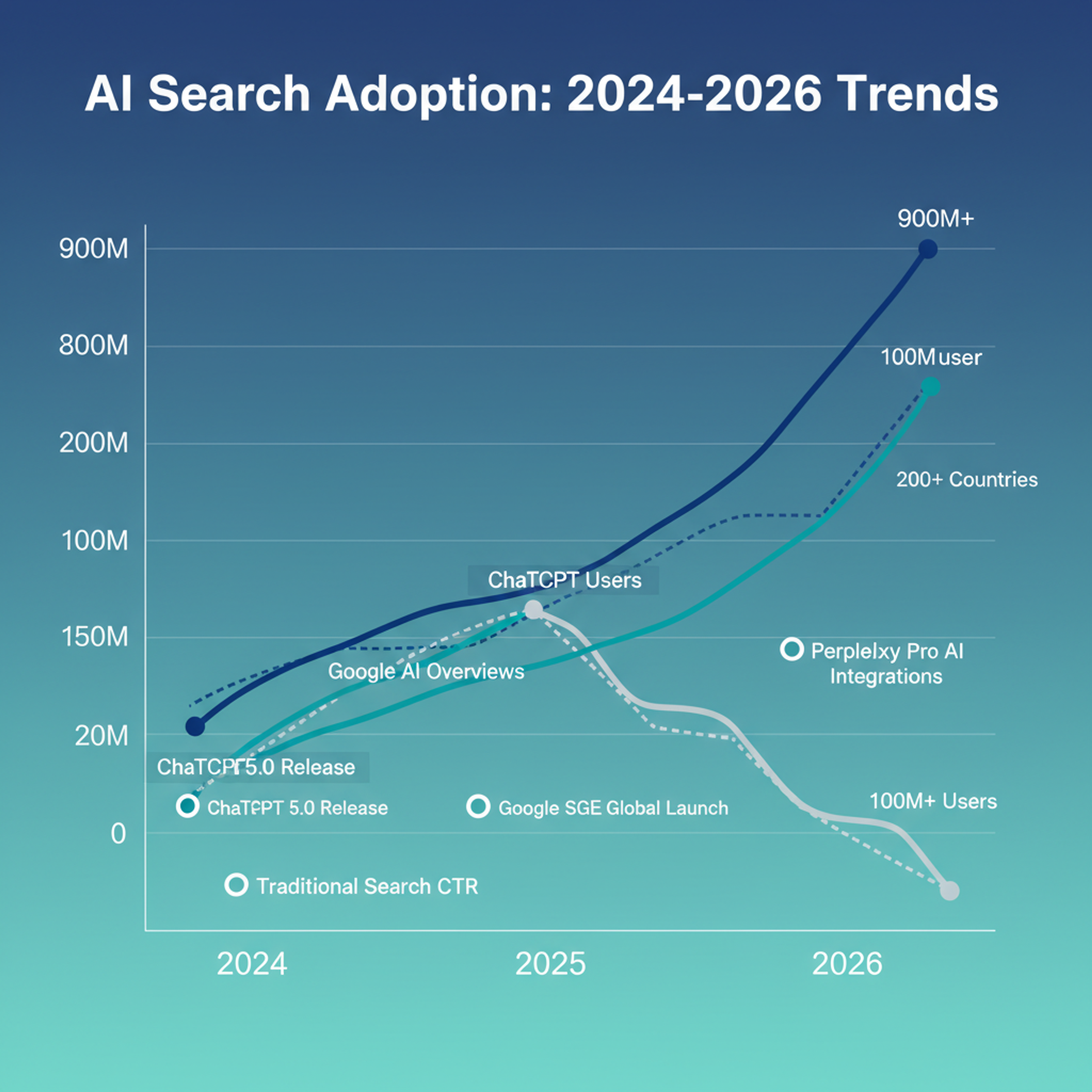 AI arama kullanımı büyüme grafiği 2024-2026 — ChatGPT, Perplexity, Google AI Overviews