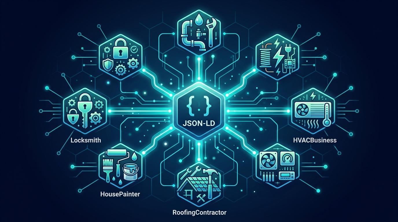 HomeAndConstructionBusiness ana Schema + 6 alt tip (Plumber, Electrician, HVACBusiness, RoofingContractor, HousePainter, Locksmith) dallanma şeması