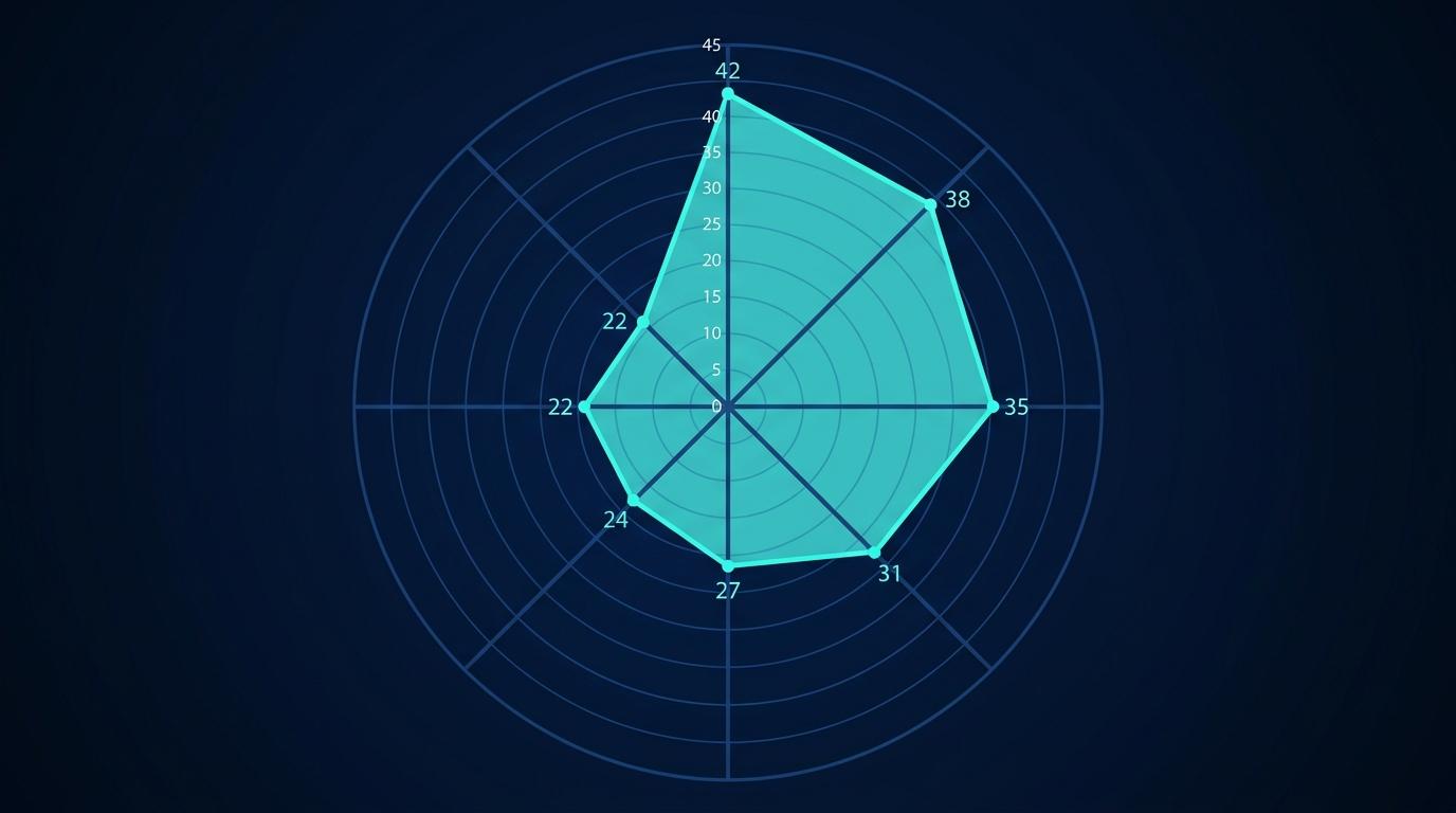 Türkiye 8 sektör GEO skor dispersion radar grafiği: e-ticaret 42, finans 38, hukuk 35, mimarlık 31, gayrimenkul 27, sağlık 24, eğitim 22