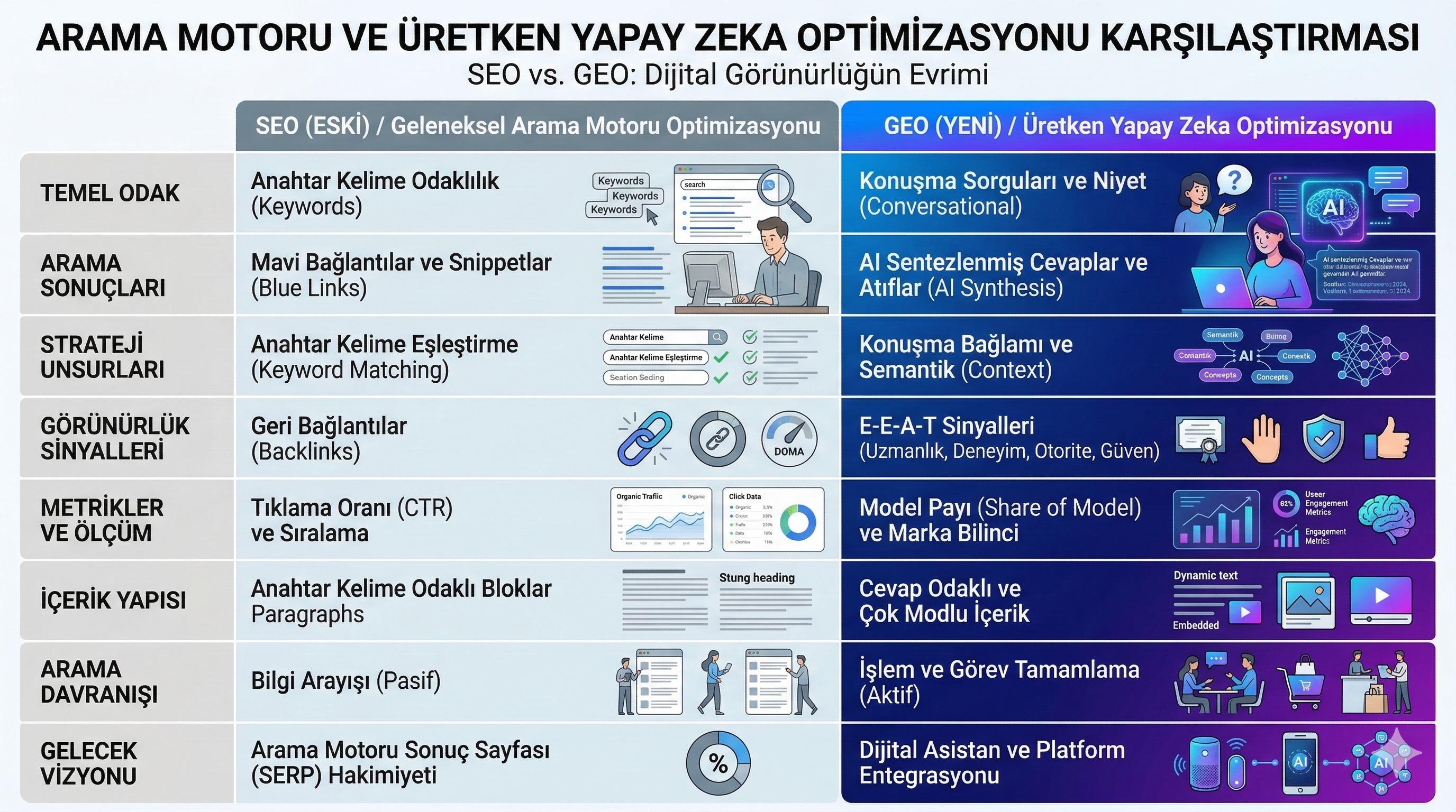 SEO vs GEO karşılaştırma — sorgu uzunluğu, metrik, otorite sinyali farkları