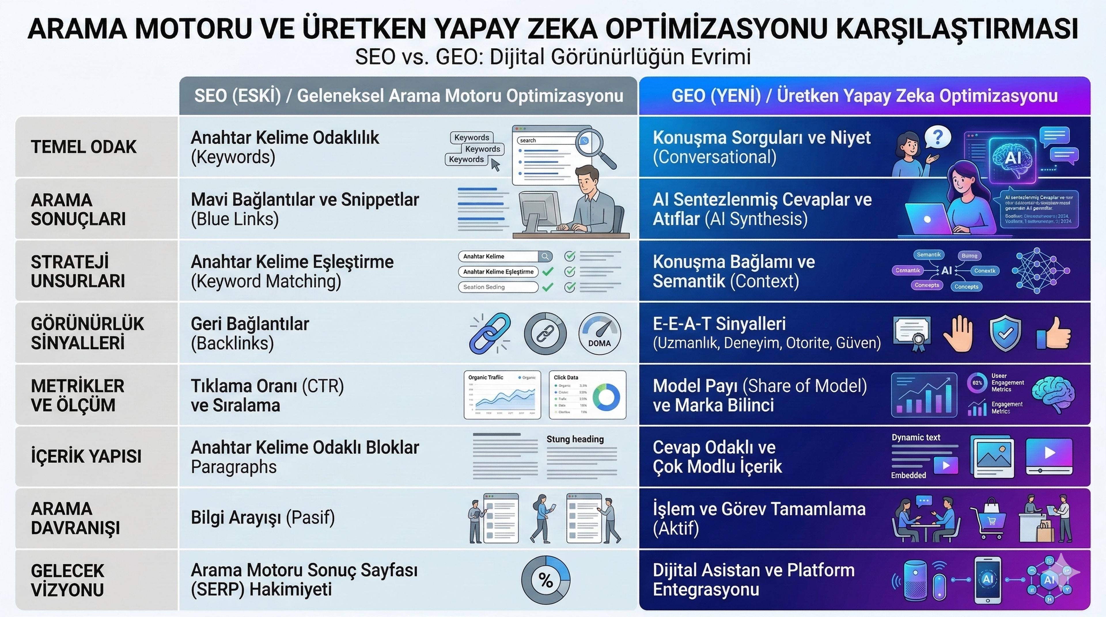 SEO vs GEO karşılaştırma — sorgu uzunluğu, metrik, otorite sinyali farkları