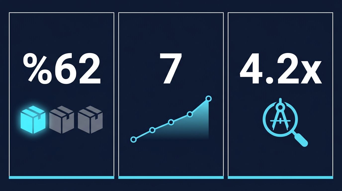 Mimarlık sektörü AI mention istatistik infografik: sol panel %62 mimarlık ofisi AI cevap motorlarında görünmüyor, orta panel ortalama 7 hafta GEO görünürlük kazanım süresi, sağ panel niş specialist ofislerde 4.2x mention rate boost. Lacivert arka plan + turkuaz mavi büyük rakamlar.