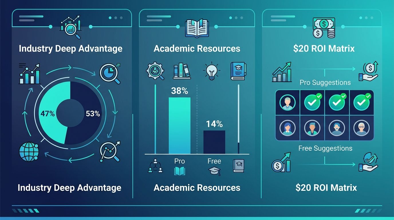 Pro vs Free özet infografik — %47 sektör avantaj donut, akademik %38-%14 bar, $20 ROI matrisi 8 kullanıcı profili