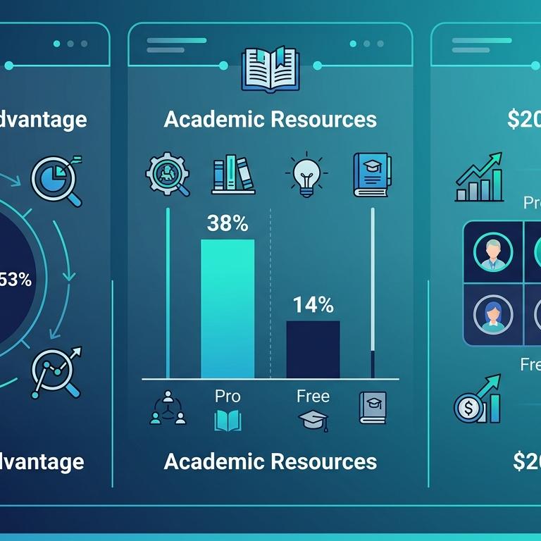 Pro vs Free özet infografik — %47 sektör avantaj donut, akademik %38-%14 bar, $20 ROI matrisi 8 kullanıcı profili