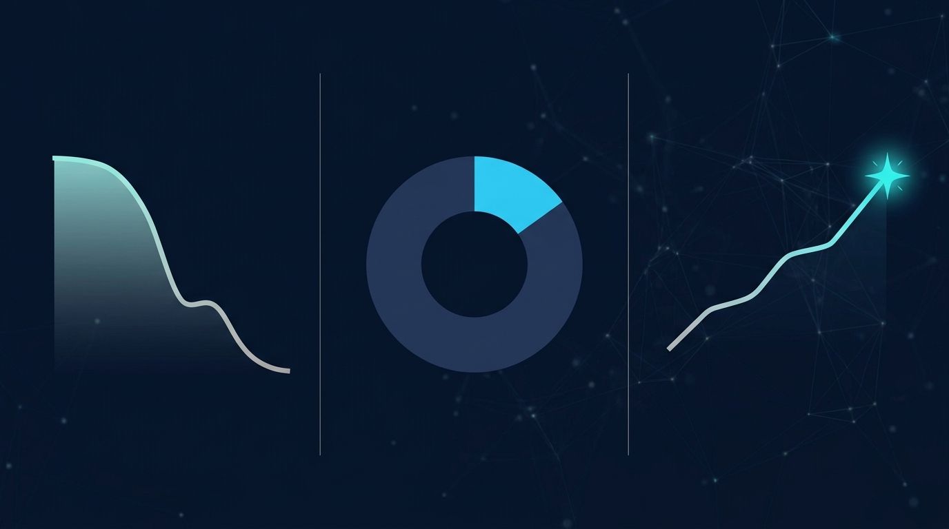 3 panel istatistik infografik: sol %76→%17 overlap düşüş eğrisi, orta %15 cited donut, sağ +%41 visibility yükselen trend.