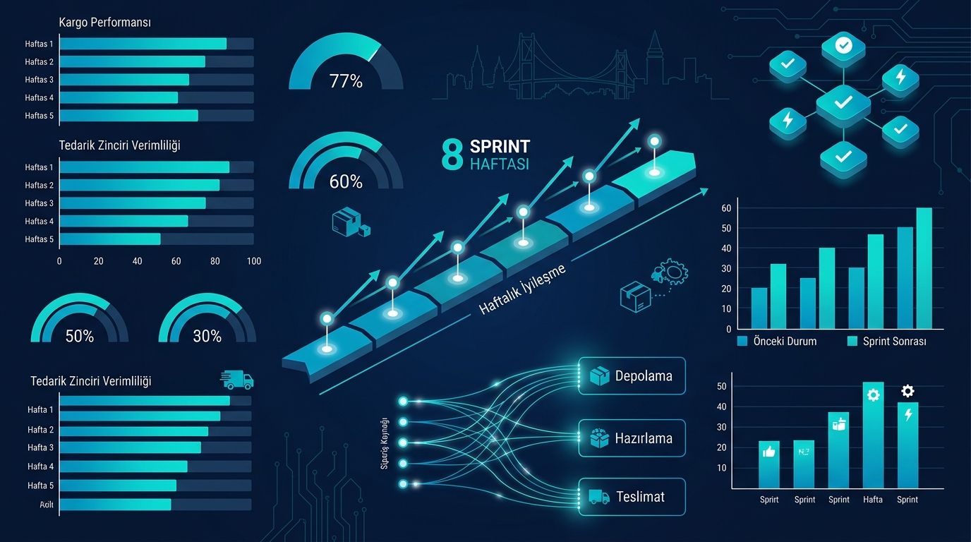 E-ticaret Anonim Vaka: Kargo + Tedarik Zinciri Sağlık 8 Hafta Sprint istatistik infografiği