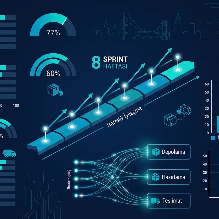 E-ticaret Anonim Vaka: Kargo + Tedarik Zinciri Sağlık 8 Hafta Sprint istatistik infografiği