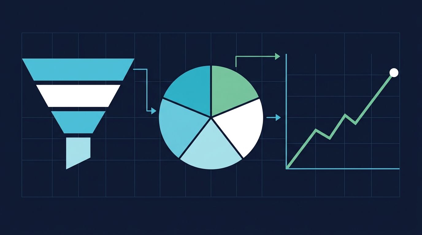 GA4 + GSC + AI referral attribution dashboard görseli: solda funnel, ortada 5 platforma bölünmüş pasta grafik (ChatGPT, Perplexity, Gemini, Claude, Copilot), sağda yukarı trend çizgi