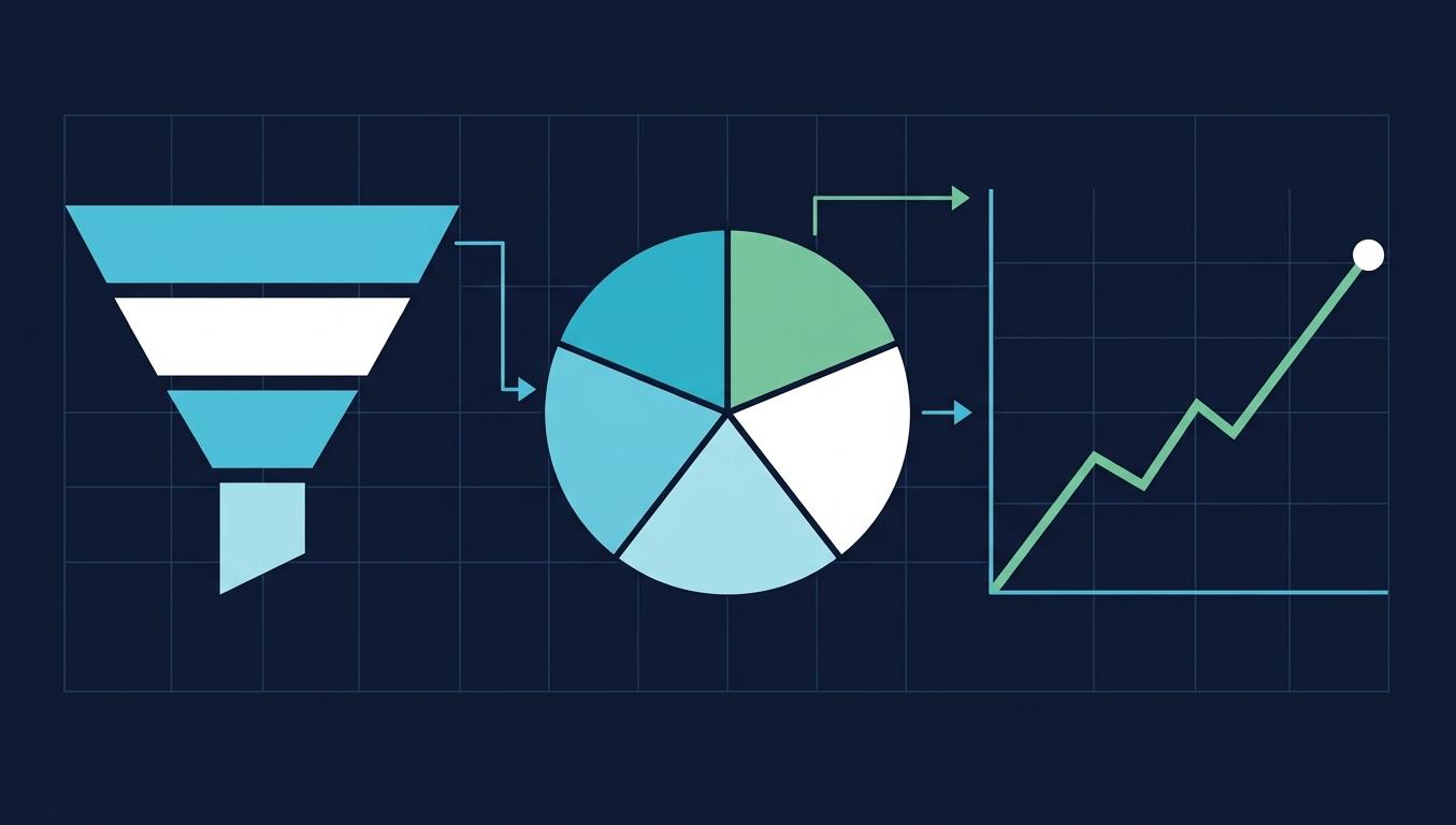 GA4 + GSC + AI referral attribution dashboard görseli: solda funnel, ortada 5 platforma bölünmüş pasta grafik (ChatGPT, Perplexity, Gemini, Claude, Copilot), sağda yukarı trend çizgi