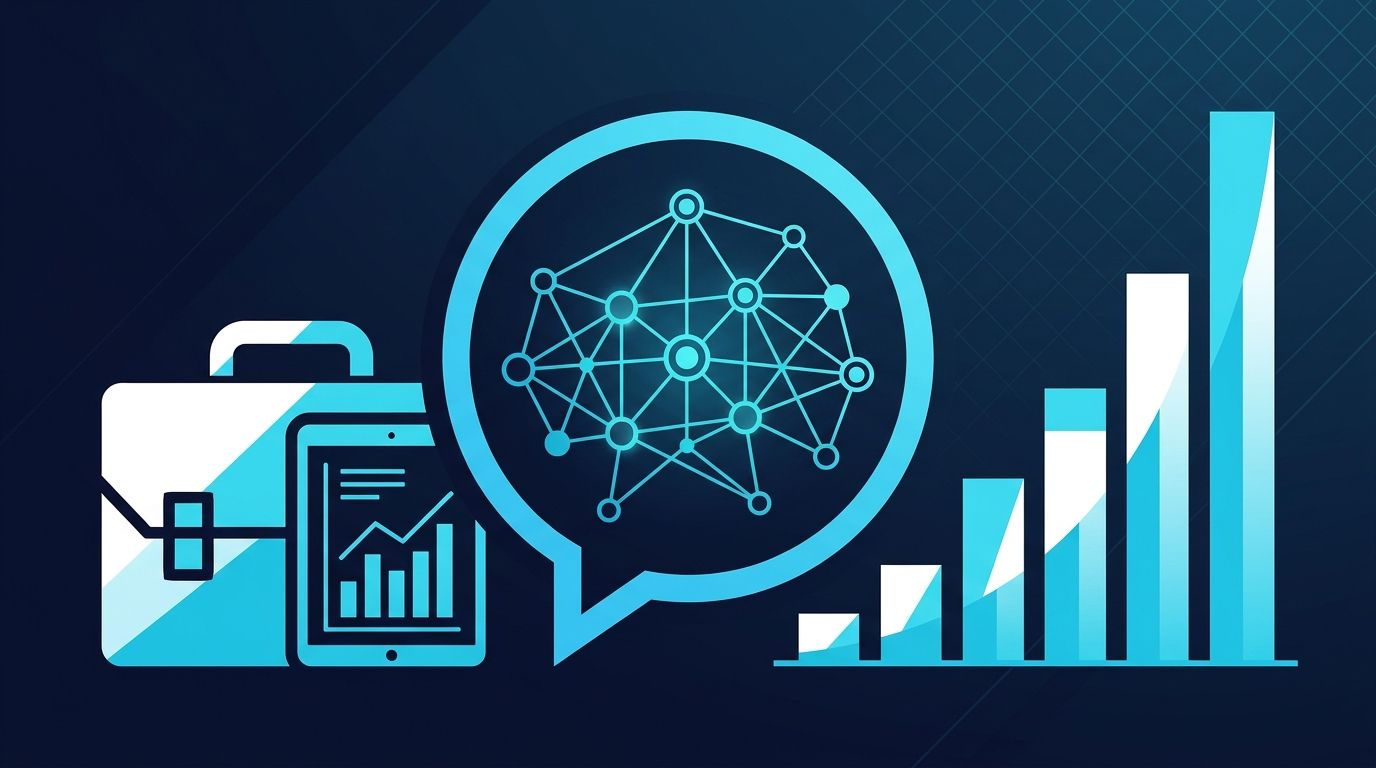Yönetim danışmanlığı için AI görünürlük kavramsal görseli: solda briefcase + grafik tablet (strateji), ortada chat balonu üzerinde AI node-link ağı, sağda yükselen turkuaz çubuk grafik — danışmanlık + yapay zeka görünürlük ekseni