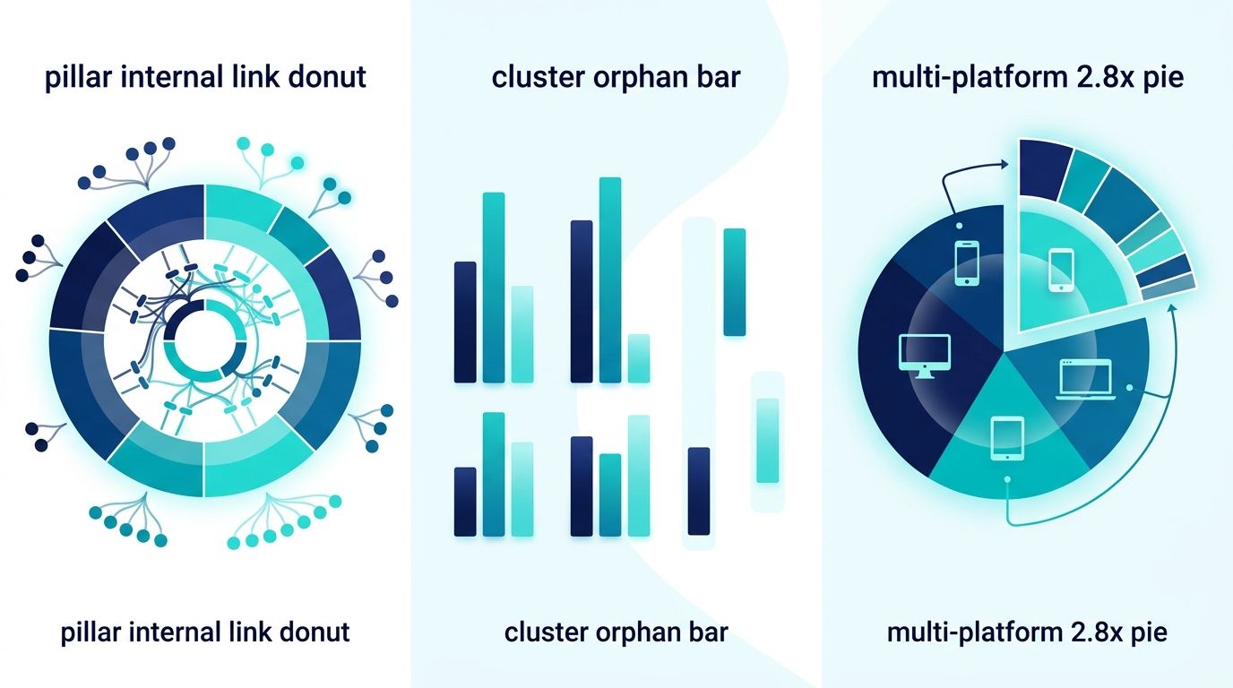 Pillar+cluster optimizasyon framework özet infografik - 3 panel istatistik