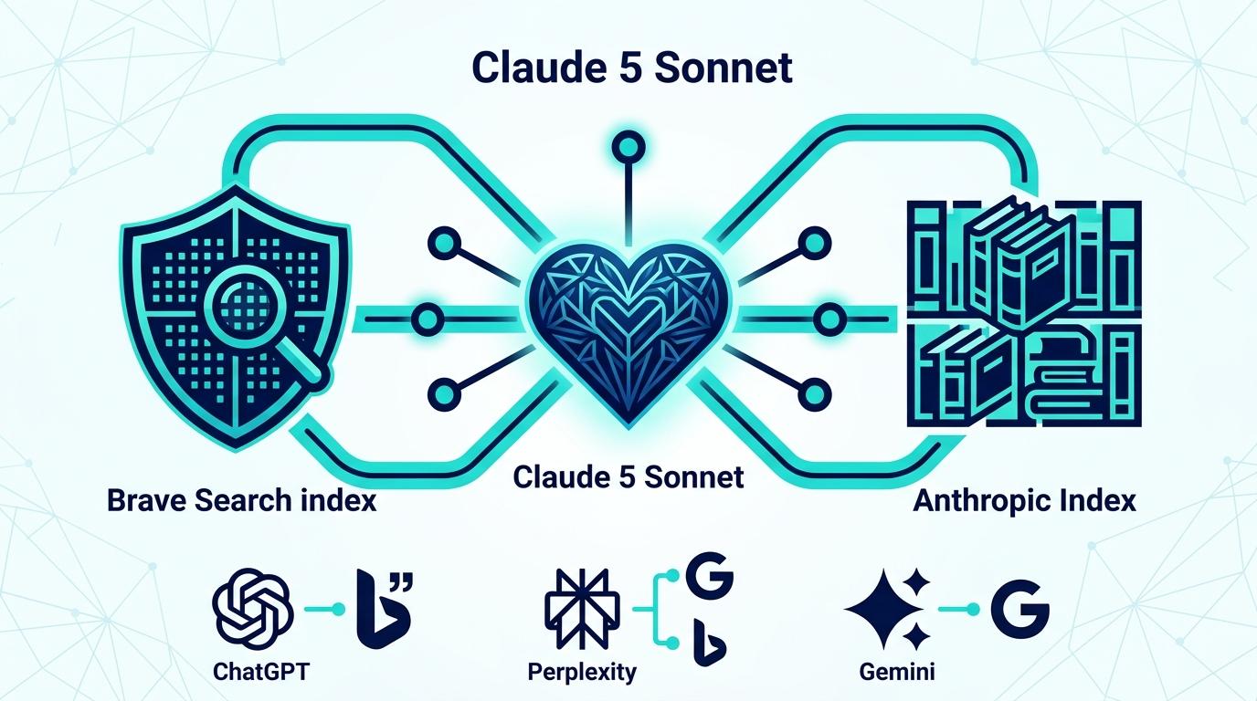Claude 5 Sonnet retrieval mimarisi — Brave Search + Anthropic Index hibridi, ChatGPT-Bing / Perplexity-Google+Bing / Gemini-Google karşılaştırma