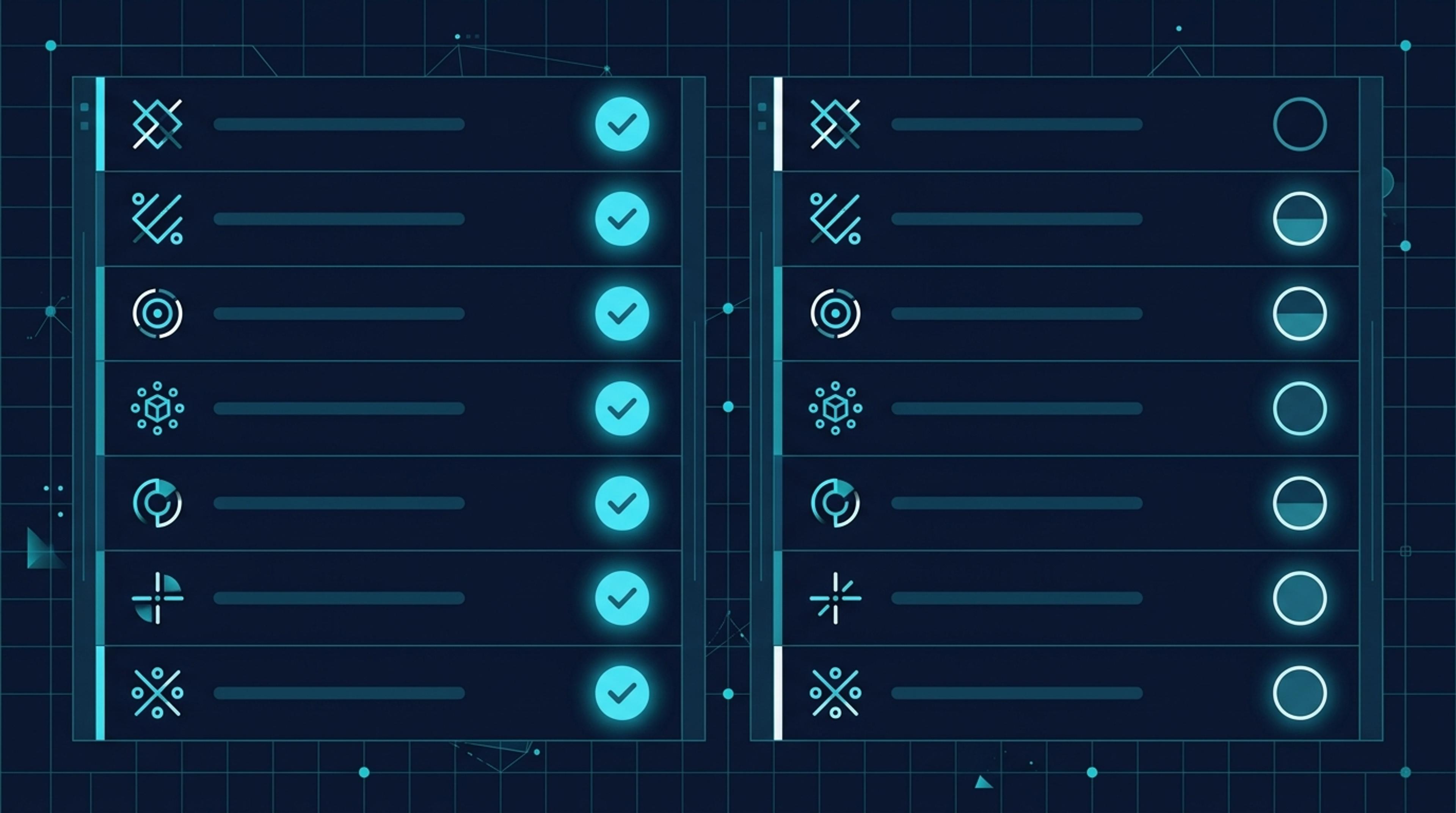 Feature comparison schema — iki sütunlu yapısal karşılaştırma matrisi