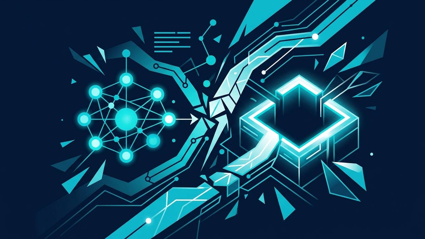 İçerik açığı analizi aracı 5 use case soyut görsel — veri akışı, grid katmanı, arama büyüteci, lacivert-turkuaz tonlar