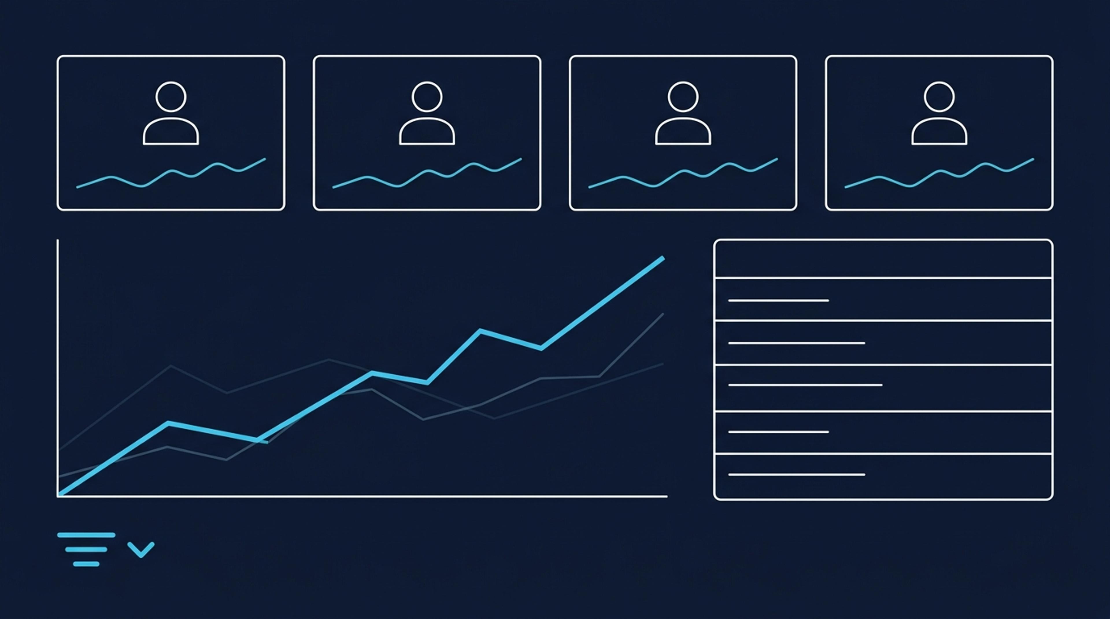GA4 dashboard custom dimension kompozisyon: üst KPI kartlar 4 metrik, orta zaman serisi grafiği (referral artış), sağ event breakdown tablo, alt sol custom dimension filtre. Lacivert arka plan + turkuaz mavi data vurguları.