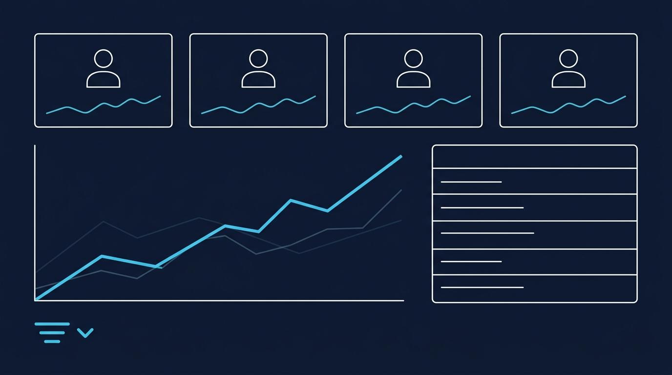 GA4 dashboard custom dimension kompozisyon: üst KPI kartlar 4 metrik, orta zaman serisi grafiği (referral artış), sağ event breakdown tablo, alt sol custom dimension filtre. Lacivert arka plan + turkuaz mavi data vurguları.