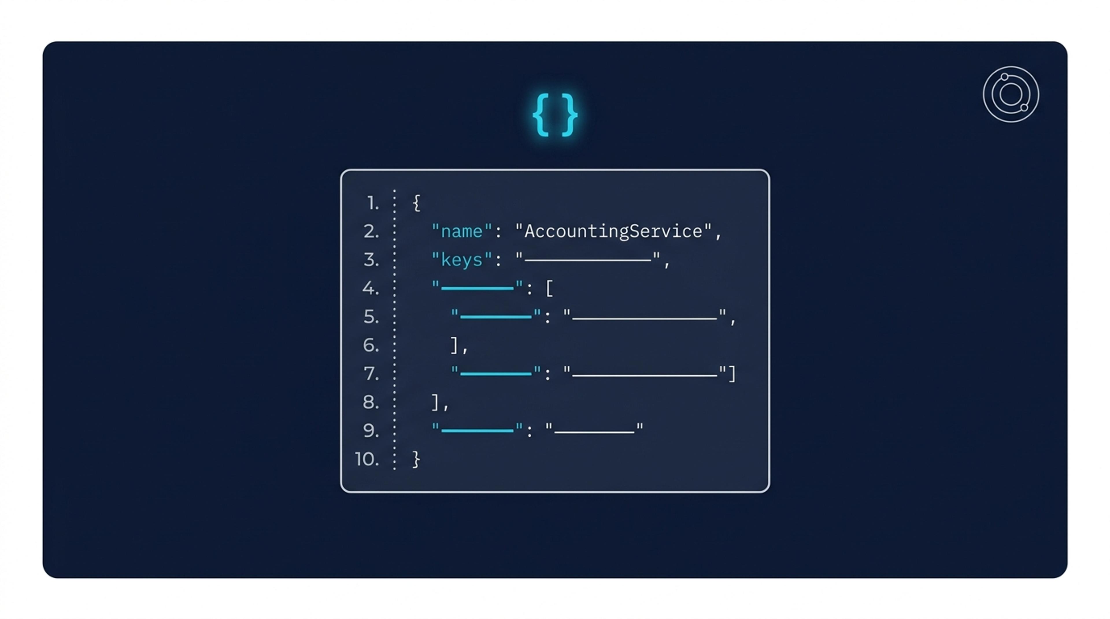 Schema markup JSON-LD örnek snippet görsel kompozisyon: kod bloku içinde @type AccountingService, areaServed, priceRange, hasOfferCatalog satırları belirgin, sol kenarda satır numaraları. Lacivert arka plan + turkuaz mavi syntax highlight.