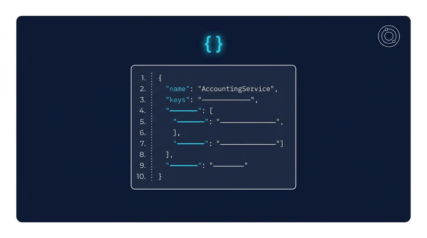 Schema markup JSON-LD örnek snippet görsel kompozisyon: kod bloku içinde @type AccountingService, areaServed, priceRange, hasOfferCatalog satırları belirgin, sol kenarda satır numaraları. Lacivert arka plan + turkuaz mavi syntax highlight.
