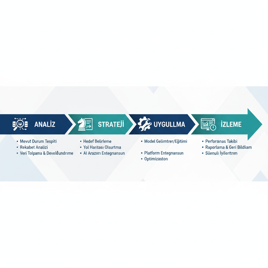Profesyonel AI görünürlük auditi 4 aşama: Analiz, Strateji, Uygulama, İzleme