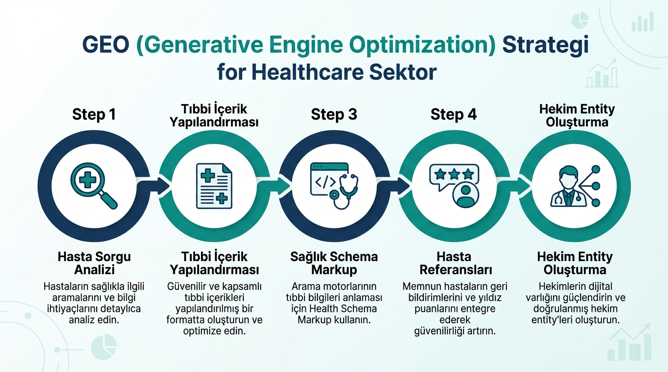 Sağlık kuruluşları için 5 adımlı GEO stratejisi infografiği