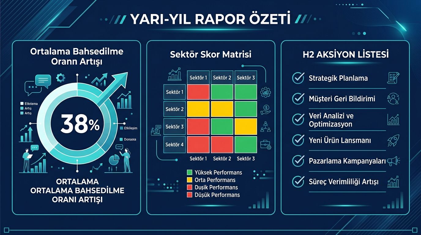 Yarı-yıl rapor özet infografik — +%38 ortalama artış + 12 sektör skor donut + 6 H2 aksiyon listesi