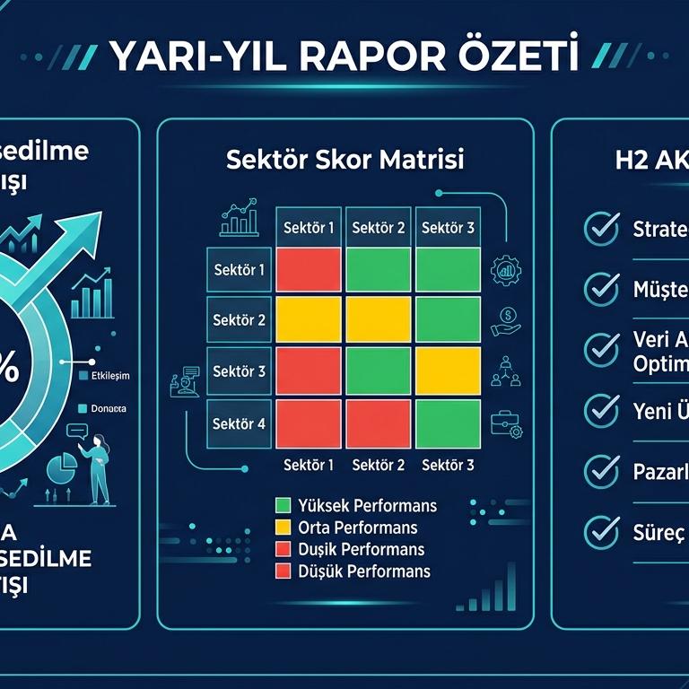 Yarı-yıl rapor özet infografik — +%38 ortalama artış + 12 sektör skor donut + 6 H2 aksiyon listesi