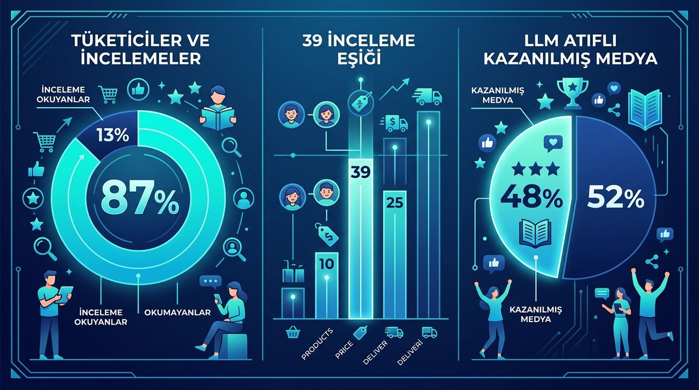 Sağlık kliniği AI görünürlük istatistik infografik — %87 review okuma, 39 review eşik, %48 LLM citation earned media