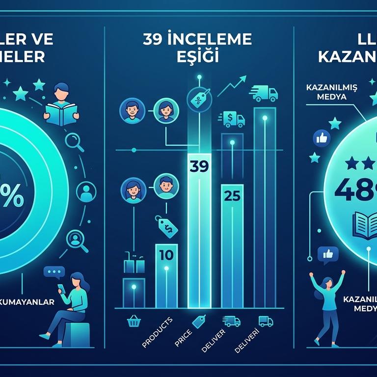 Sağlık kliniği AI görünürlük istatistik infografik — %87 review okuma, 39 review eşik, %48 LLM citation earned media