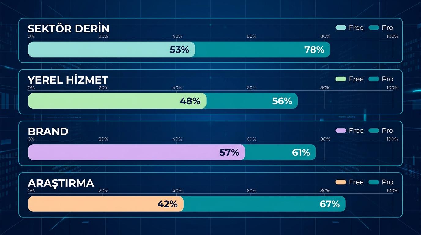 4 kategori Pro vs Free citation rate bar karşılaştırma — sektör derin %78-%53, yerel %56-%48, brand %61-%57, araştırma %67-%42