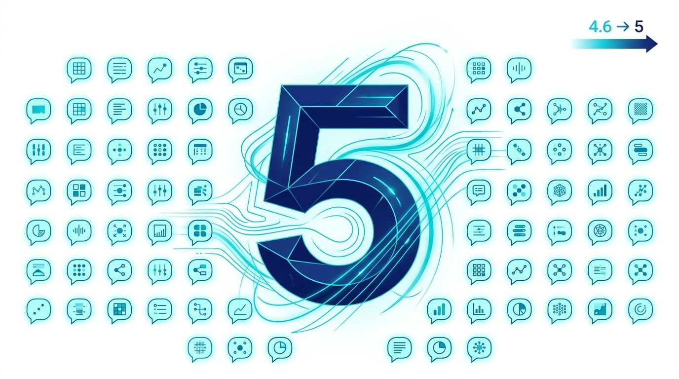 Claude 5 Sonnet launch hero — lacivert 5 sayısı etrafında turkuaz veri çizgileri ve sorgu balonları, Sonnet 4.6 → 5 geçiş oku