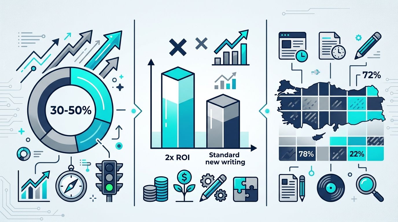 İçerik refresh ROI infografik — %30-50 trafik geri kazanım donut, 2× ROI bar chart, %78 güncellenmemiş Türkiye blog grid