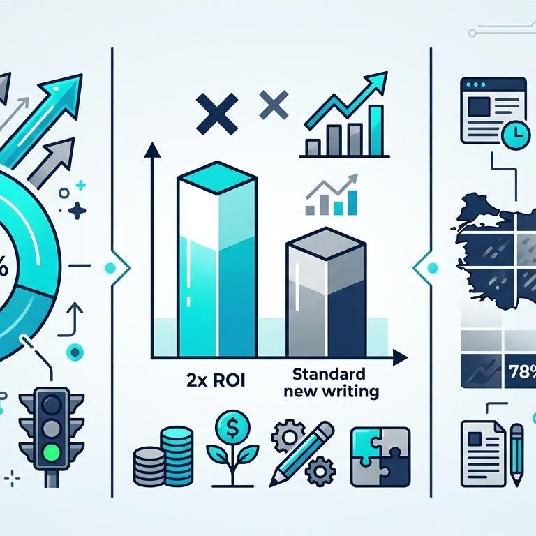 İçerik refresh ROI infografik — %30-50 trafik geri kazanım donut, 2× ROI bar chart, %78 güncellenmemiş Türkiye blog grid