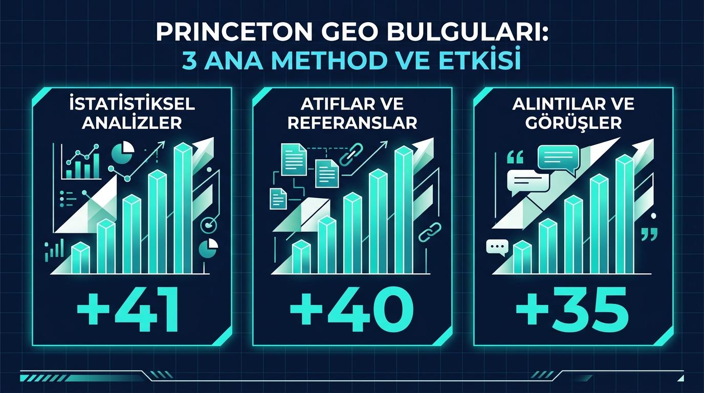 Princeton GEO bulguları — istatistik +%41, citation +%40, quote +%35 üç bar chart