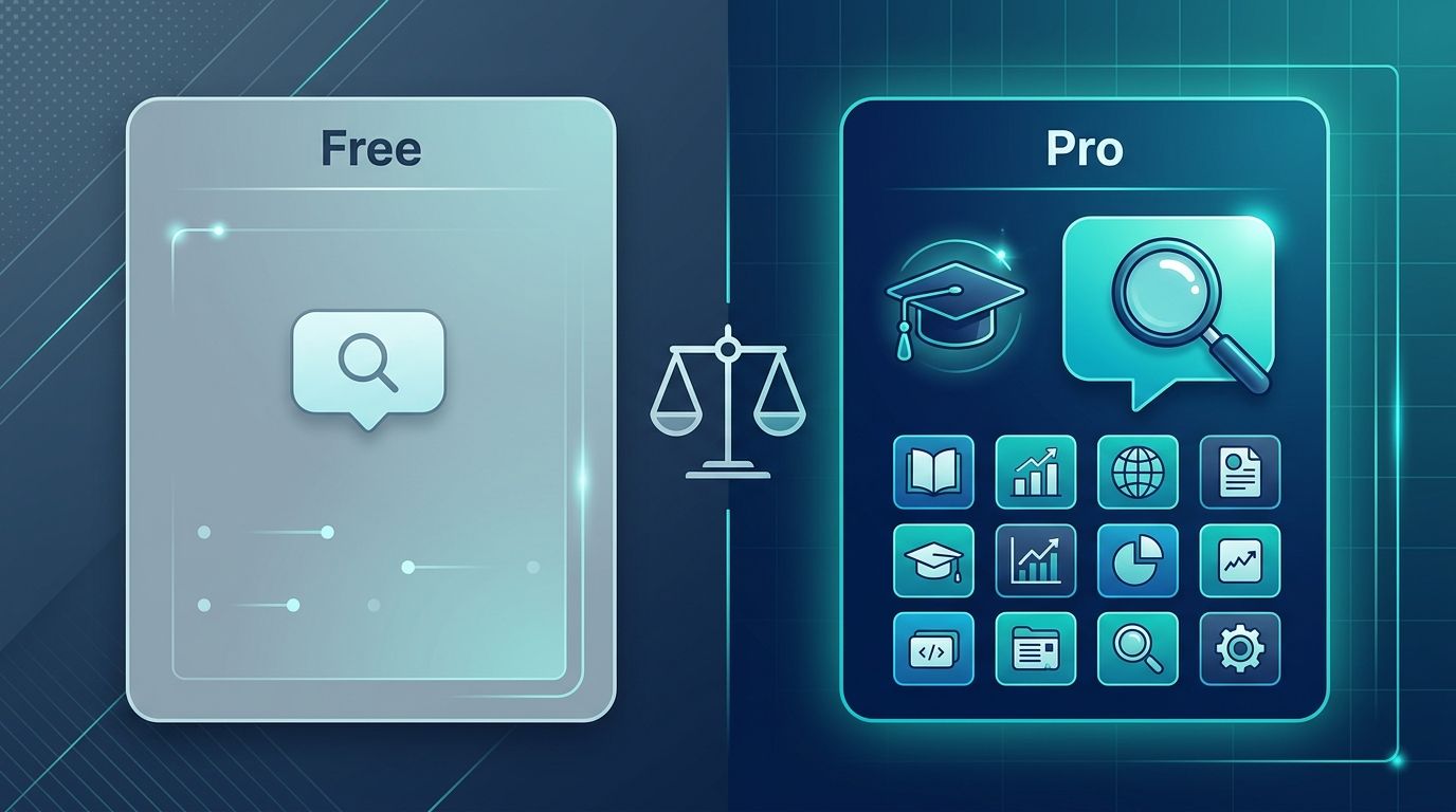 Perplexity Pro vs Free karşılaştırma — sol Free soluk küçük balon, sağ Pro zengin akademik şapka + 12 kaynak grid, ortada terazi