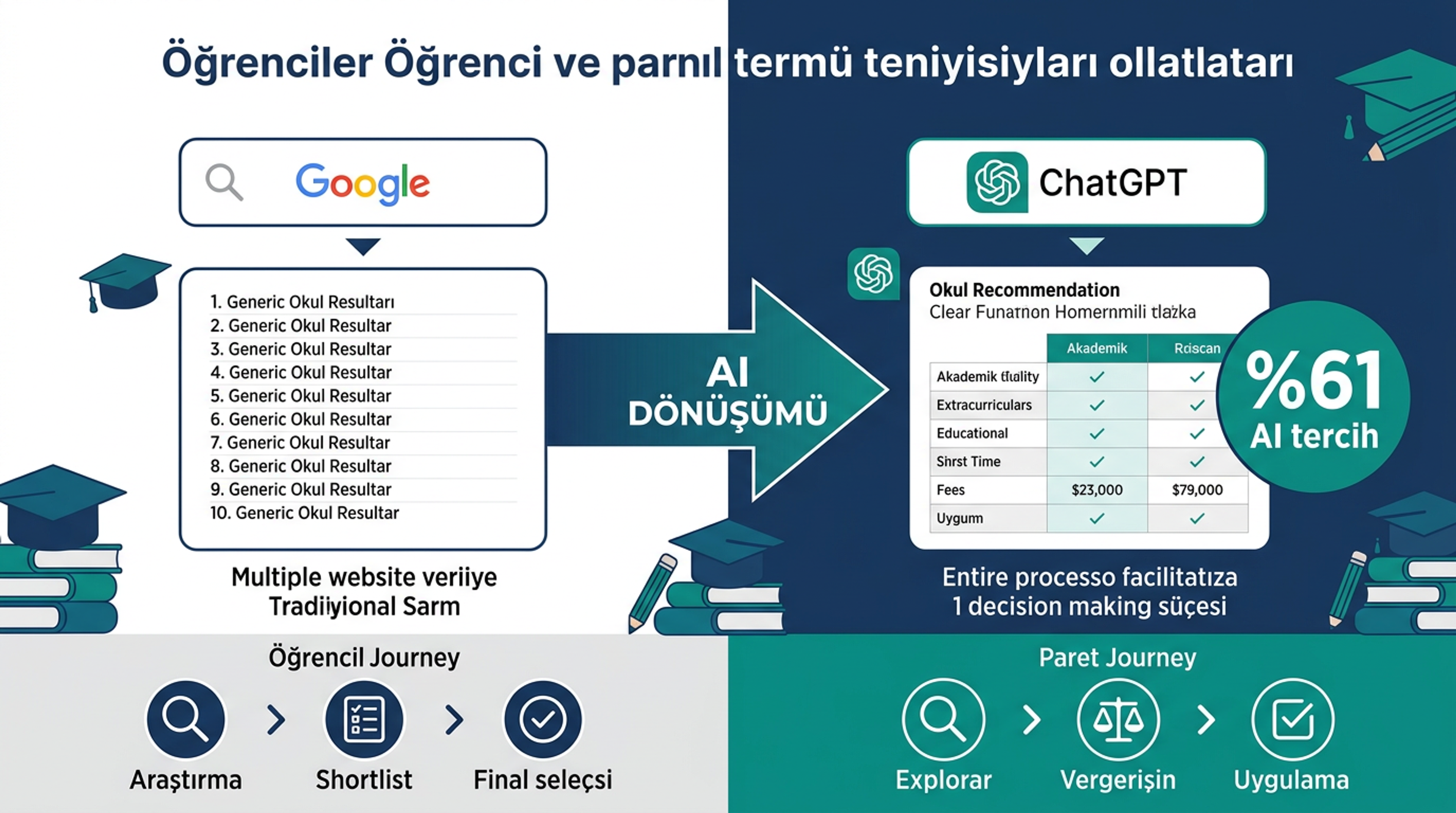 Eğitim sektöründe AI arama davranışı — öğrenci ve veliler ChatGPT'de okul ve kurs araştırması yapıyor